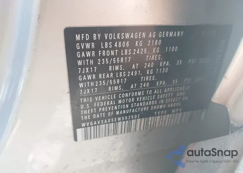 2014 Volkswagen Tiguan Se from USA, damaged, VIN WVGAV3AX5EW552502